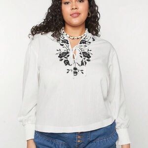 Cream Embroidered Relaxed Blouse with Mandarin Collar